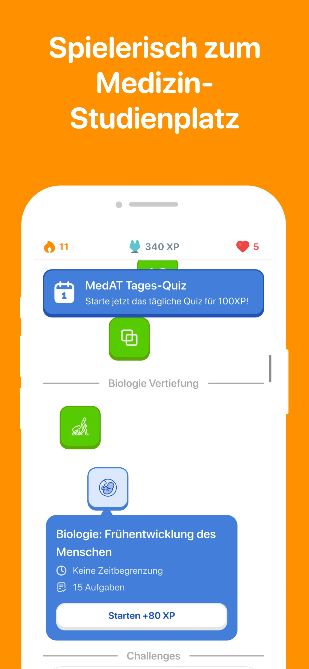 MedBuddy Startbildschirm mit MedAT Lernübersicht und Fortschritt